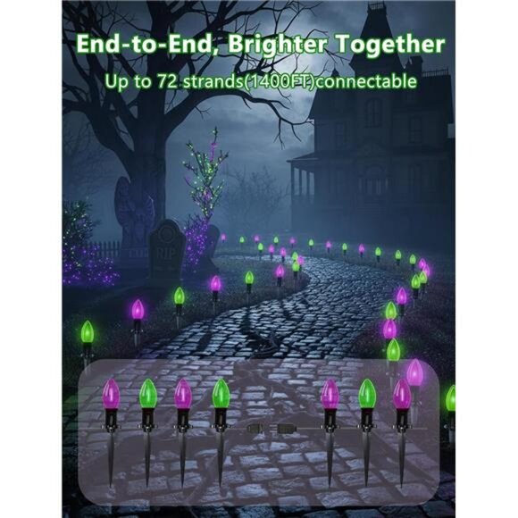 Halloween Stake Lights, 10PK C9 LED Pathway Lights with Purple & Green Bulbs - Picture 3 of 8